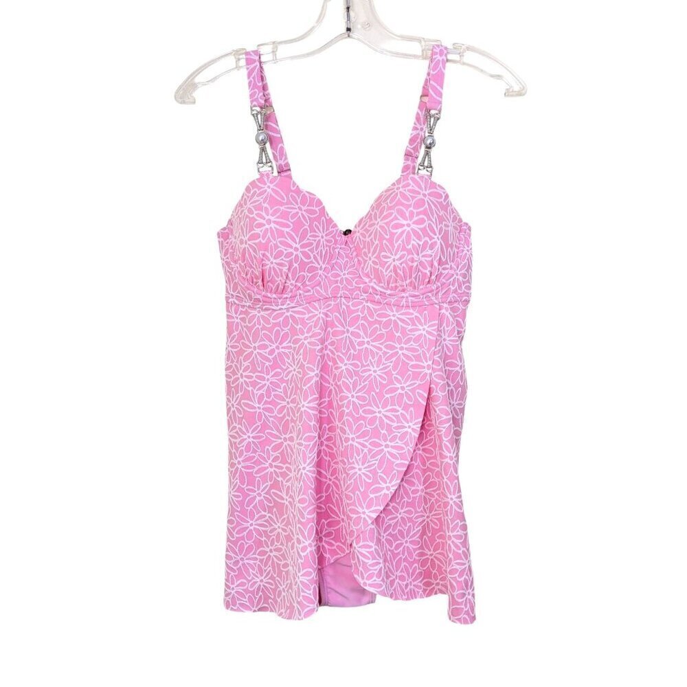 Womens Swim Dress Pink Textured Floral One Piece Swimsuit Bejeweled Strap Medium